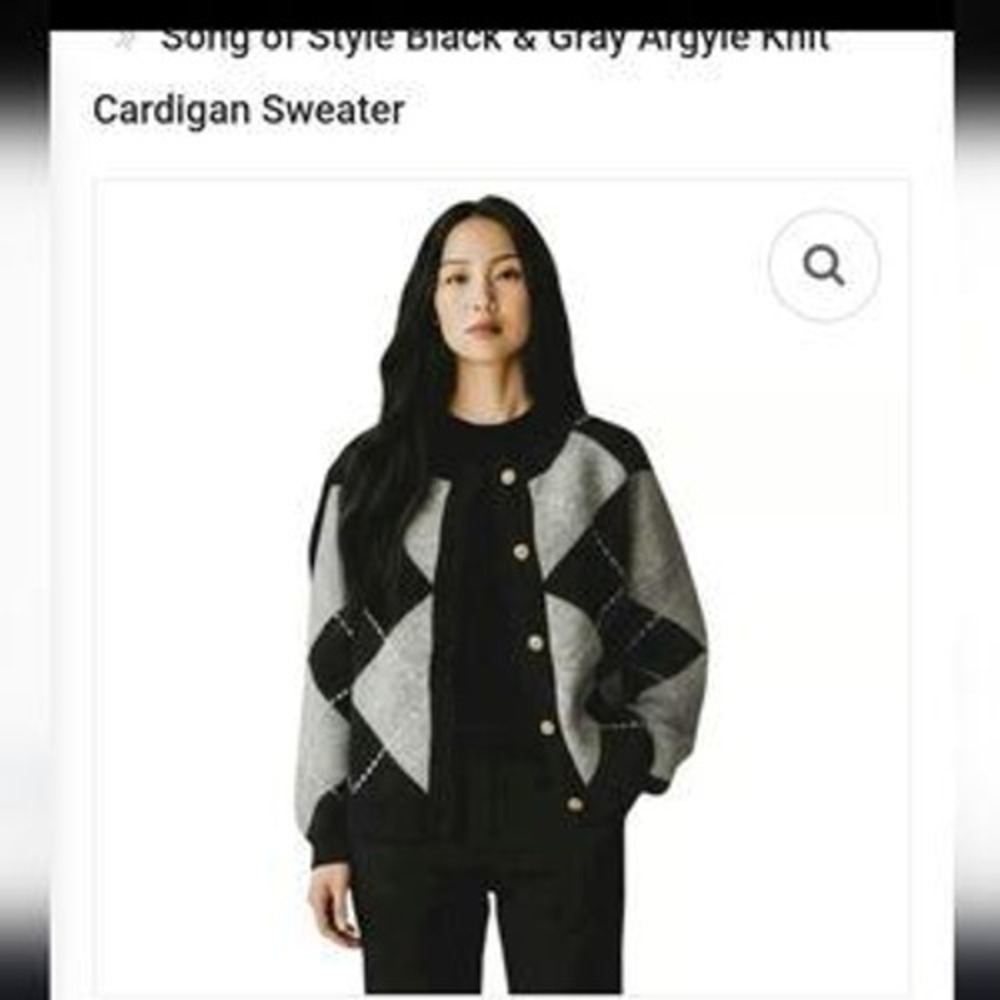$238 NWT Song of Style Argyle Cardigan XL Black Gray Gold Button Knit Sweater
